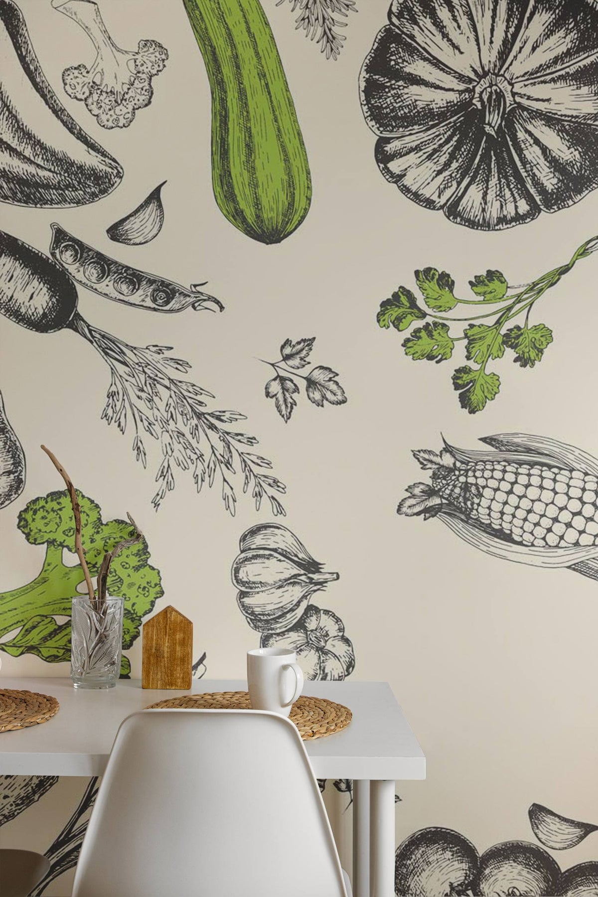 Botanical Vegetable Sketch Wallpaper in kitchen with white table, monochrome decor, farmhouse style.