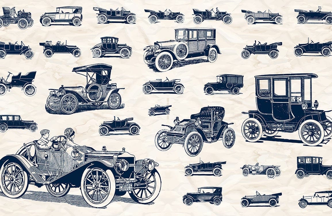 Vintage Classic Cars Navy Blue Retro Pattern Wallpaper Mural Décor