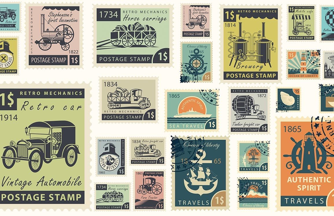 Vintage Stamp Collection Wallpaper: Retro Travel Automobiles in Pastel Hues Design