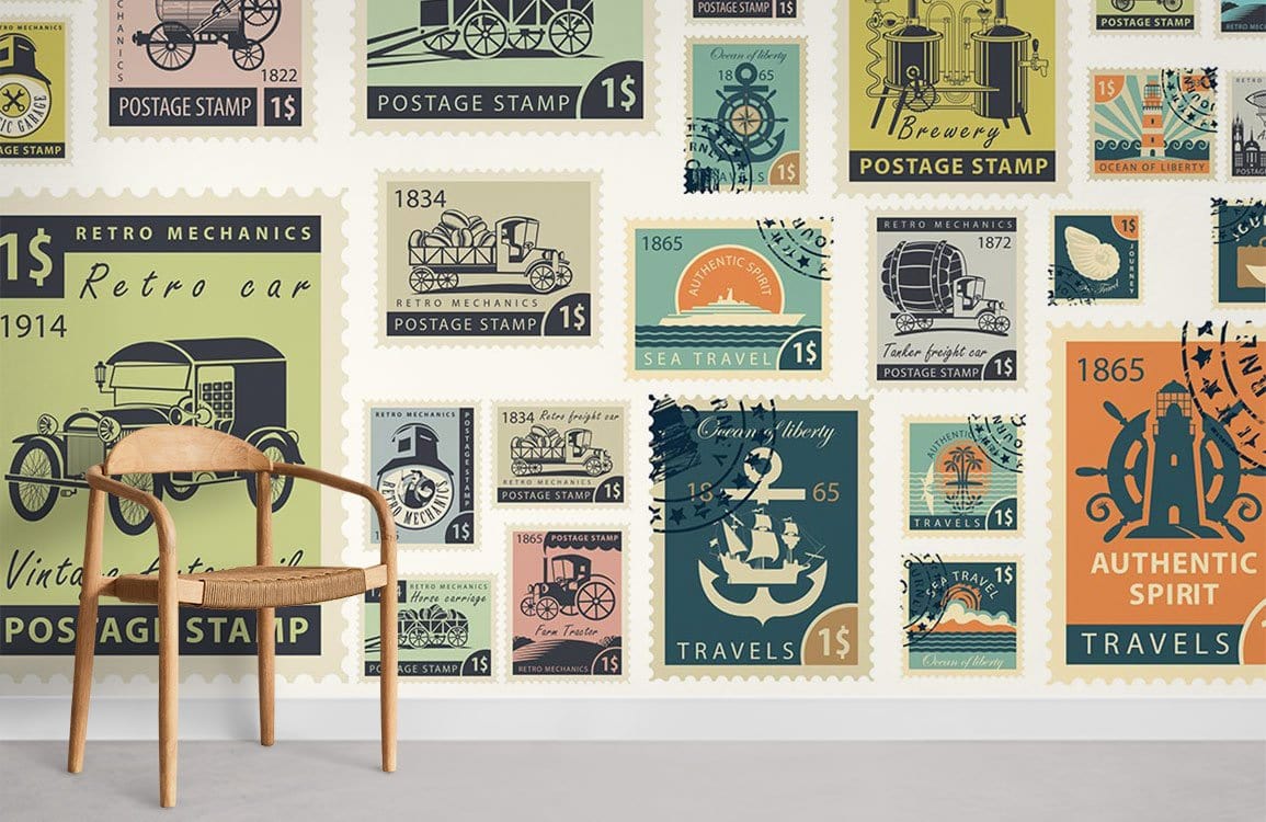 Vintage Stamp Collection Wallpaper highlights retro travel automobiles; features pastel hues, wooden chair, grey floor.