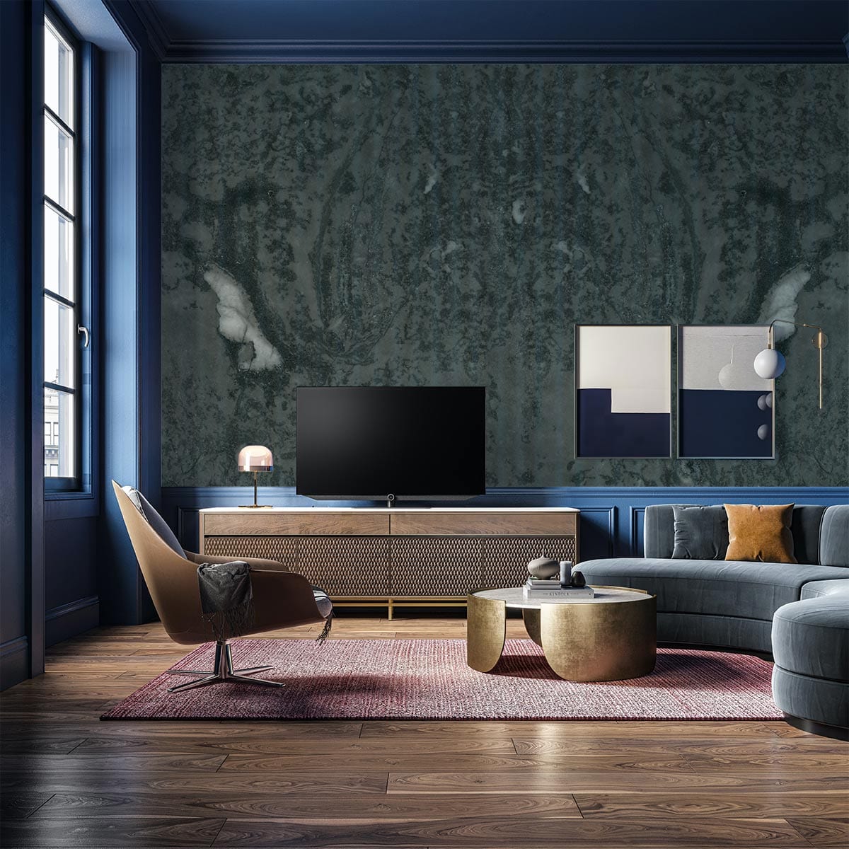 Elegant dark marble mural in charcoal grey tones, blue walls, modern furniture, wooden flooring, stylish lounge.