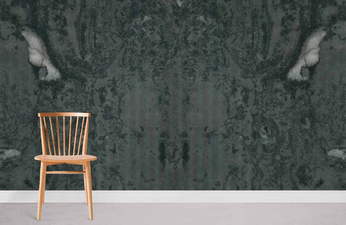 Dark Marble Texture Abstract Mural Wallpaper, charcoal and grey tones, wooden chair, minimalist style room.