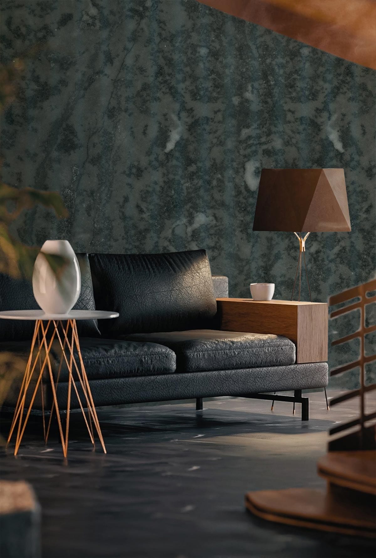 Moody grey marble effect wallpaper, elegant black sofa, wood side table, modern interior room setting.