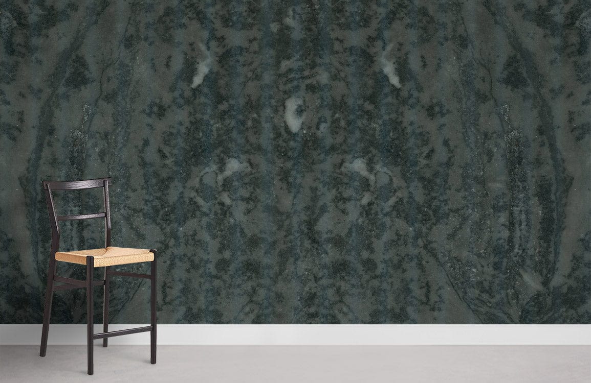 Moody grey marble effect wallpaper with black chair, light flooring, elegant textured design for interiors.