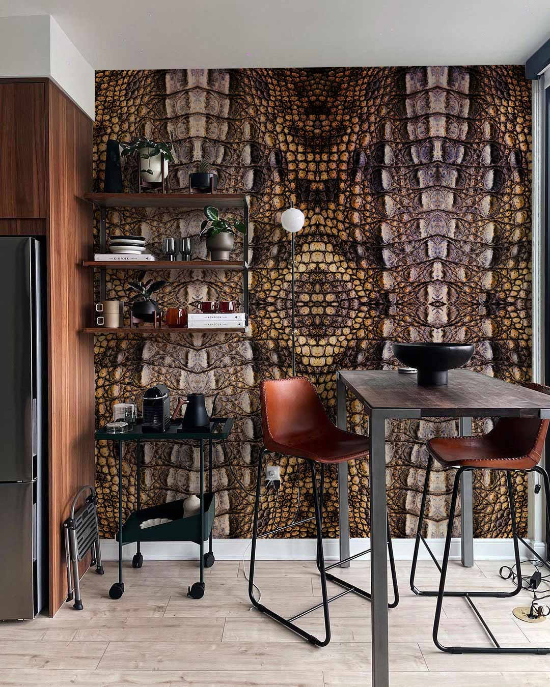 Exotic Textured Mosaic Wallpaper in kitchen with modern bar stools, wooden shelves, and light wood flooring.