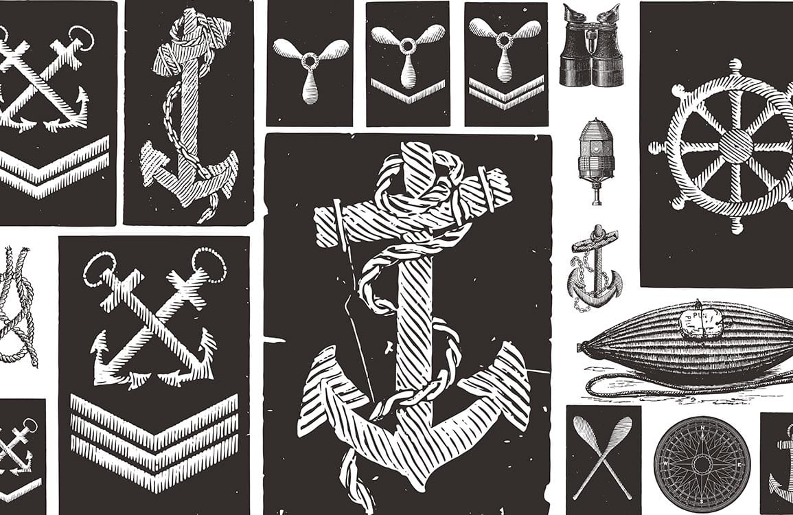 Vintage Nautical Black and White Anchor Pattern Mural Wallpaper Design