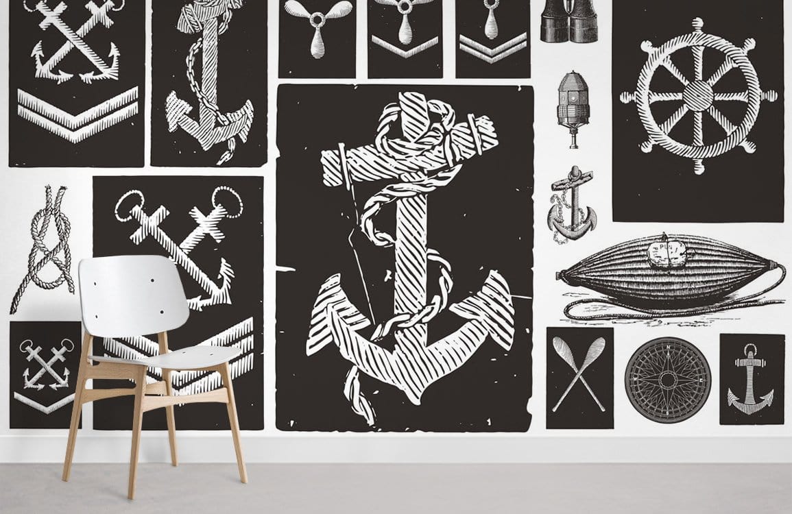 Vintage nautical anchor mural wallpaper in black and white with modern chair on grey flooring.