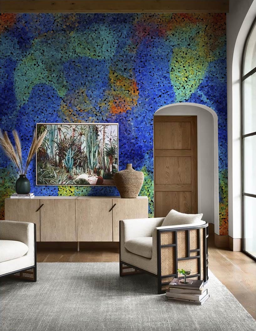 Abstract Blue and Orange Watercolour Wallpaper in stylish living room with modern furniture and wooden flooring.