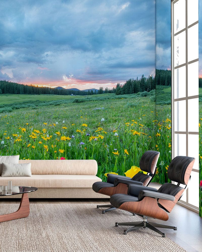 Sofa and chairs in room with Tranquil Meadow mural; serene nature grass, light walls, natural flooring.