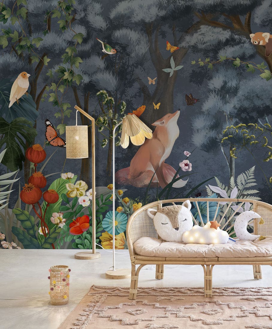 Enchanting Woodland Creatures Mural, lush floral design, wicker sofa, neutral rug, living room setting.