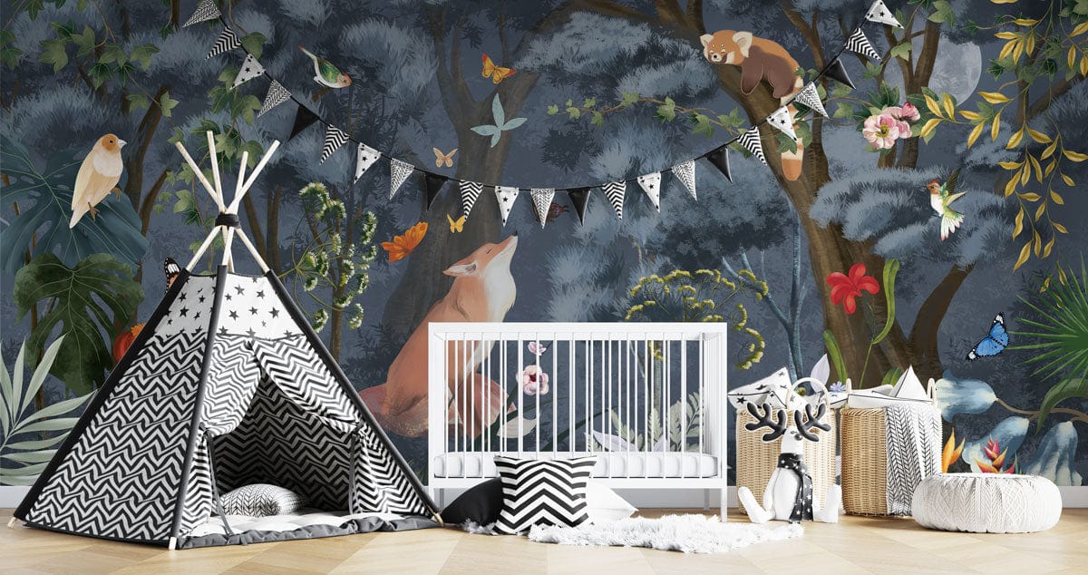 Enchanting mural wallpaper with woodland creatures, nursery theme, white crib, patterned teepee, light wood flooring.