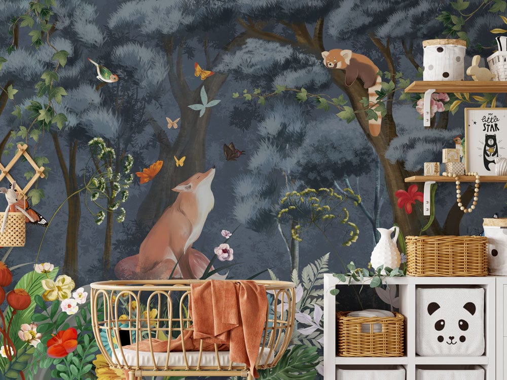 Enchanting woodland mural wallpaper with cradle, panda-themed storage, dark floral design; nursery decor ideas.