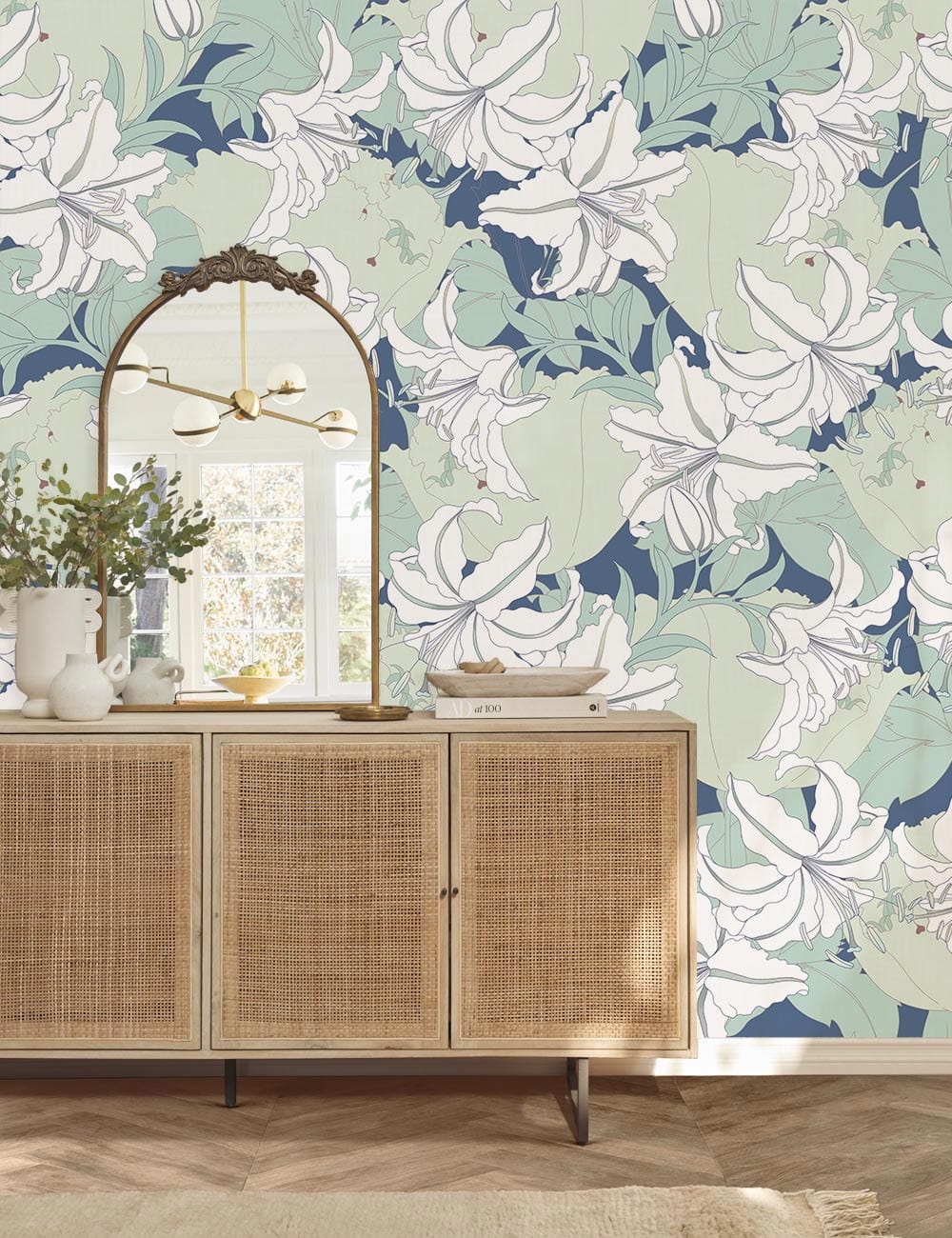 Elegant White Lily and Leaf Pattern Wallpaper in Pastel Greens and Blues
