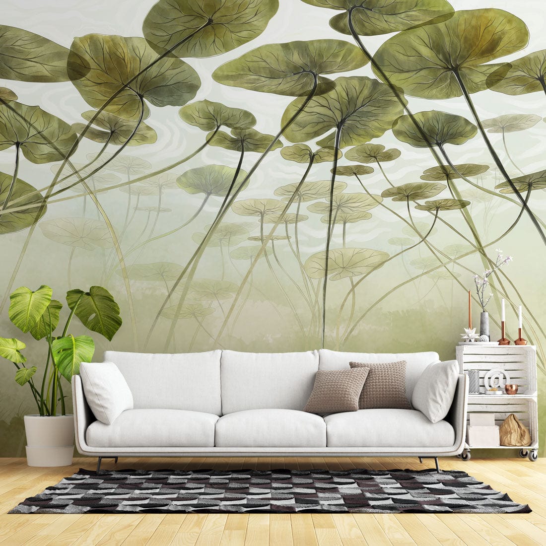 Serene Lotus Pond Mural Wallpaper in Green Watercolour Aesthetic Design