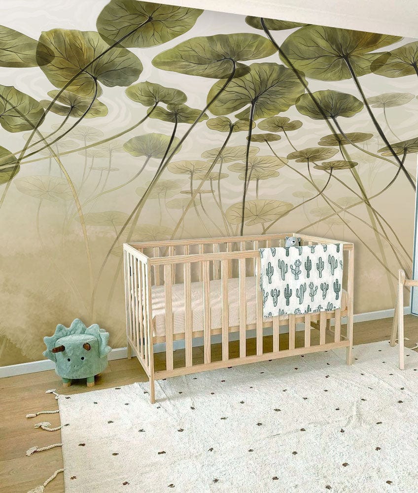 Nursery room with Serene Lotus Pond Mural Wallpaper, light wooden crib, and soft textured rug.