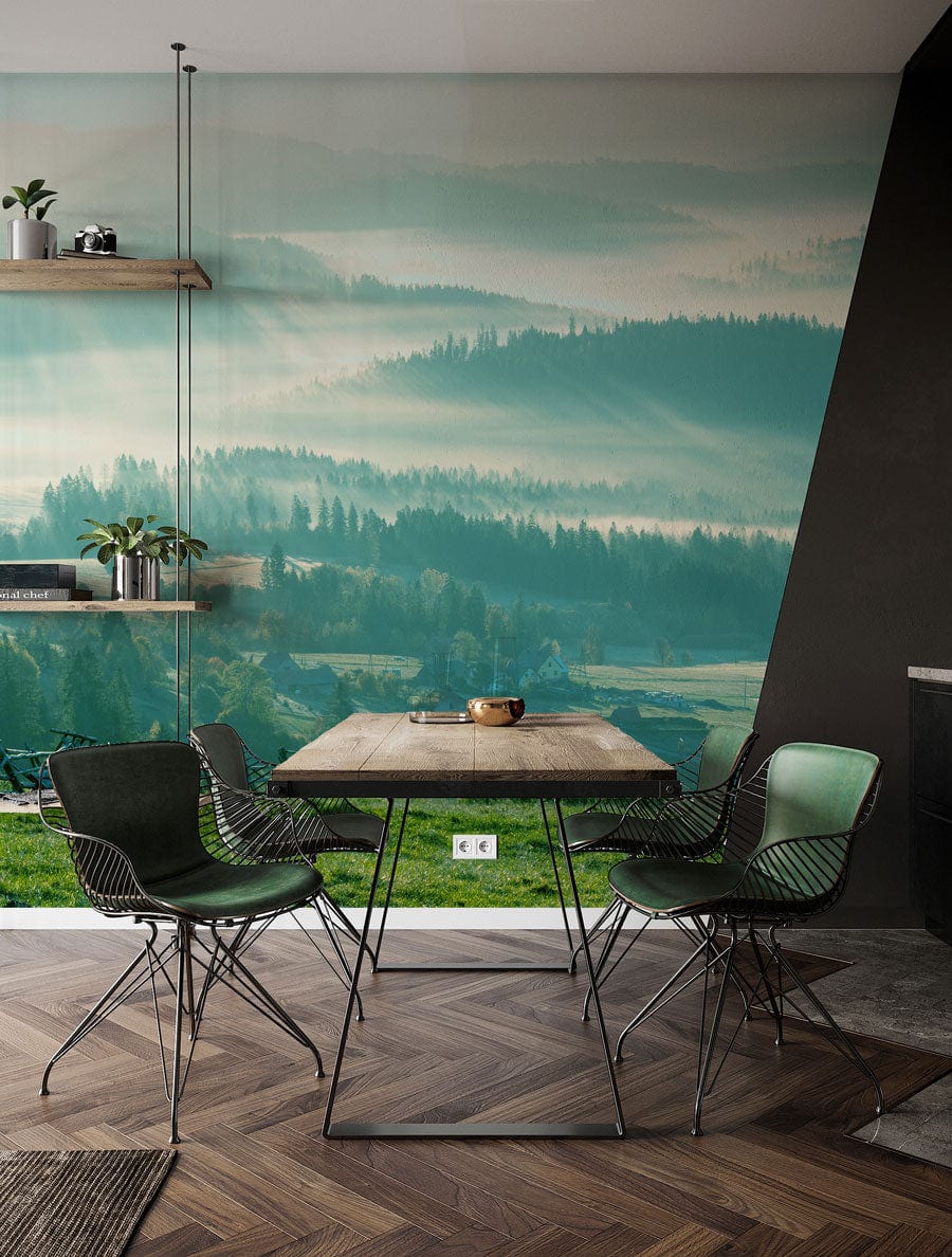 Dining area with Serene Misty Forest Landscape Mural, herringbone flooring, black wire chairs, wooden table.