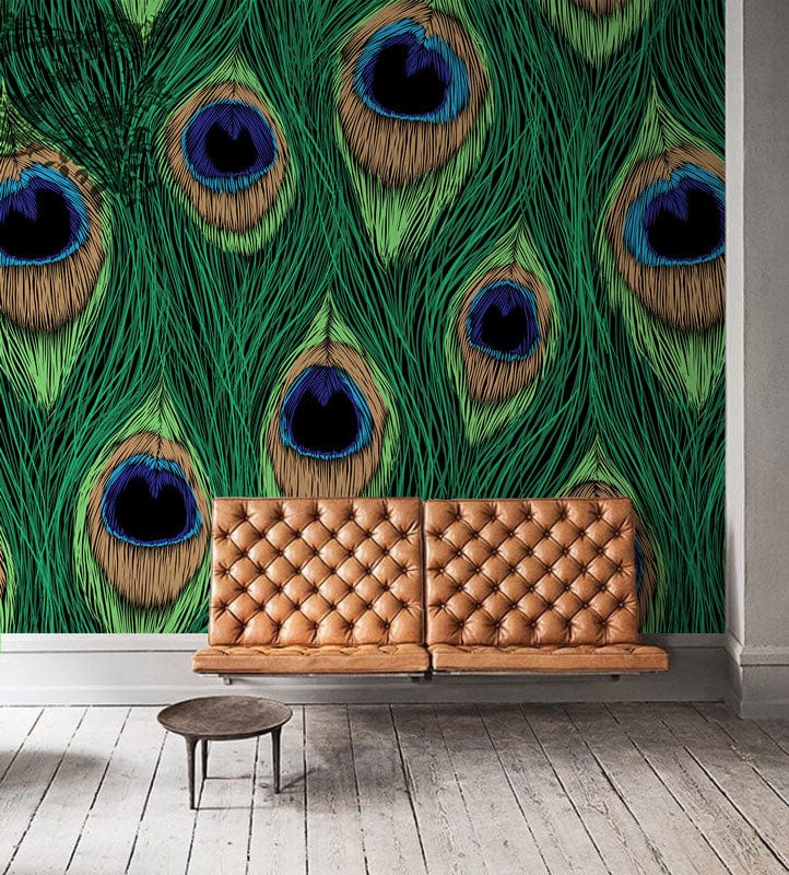 Vibrant green peacock mural wallpaper, tan leather sofa, wooden flooring in elegant interior setting.