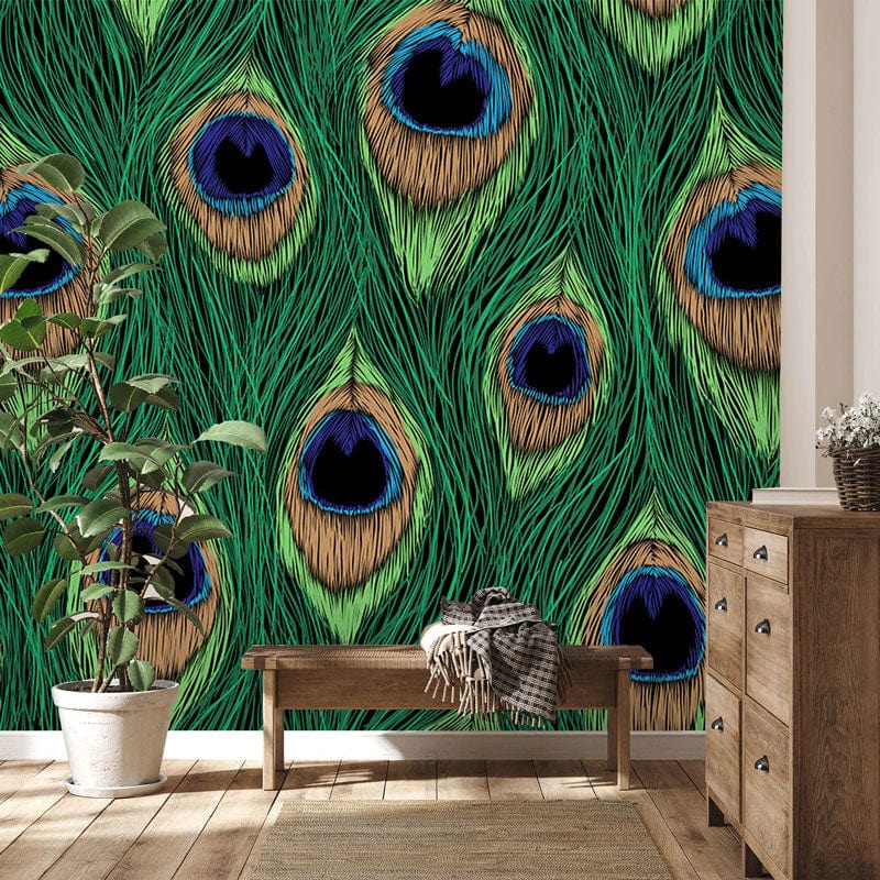 Vibrant green peacock feather mural wallpaper, rustic wooden bench, elegant interior design, hardwood flooring.