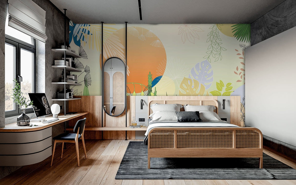 Modern bedroom with Tropical Sunset Botanical Mural Wallpaper, wooden bed, sleek desk, and light wood flooring.