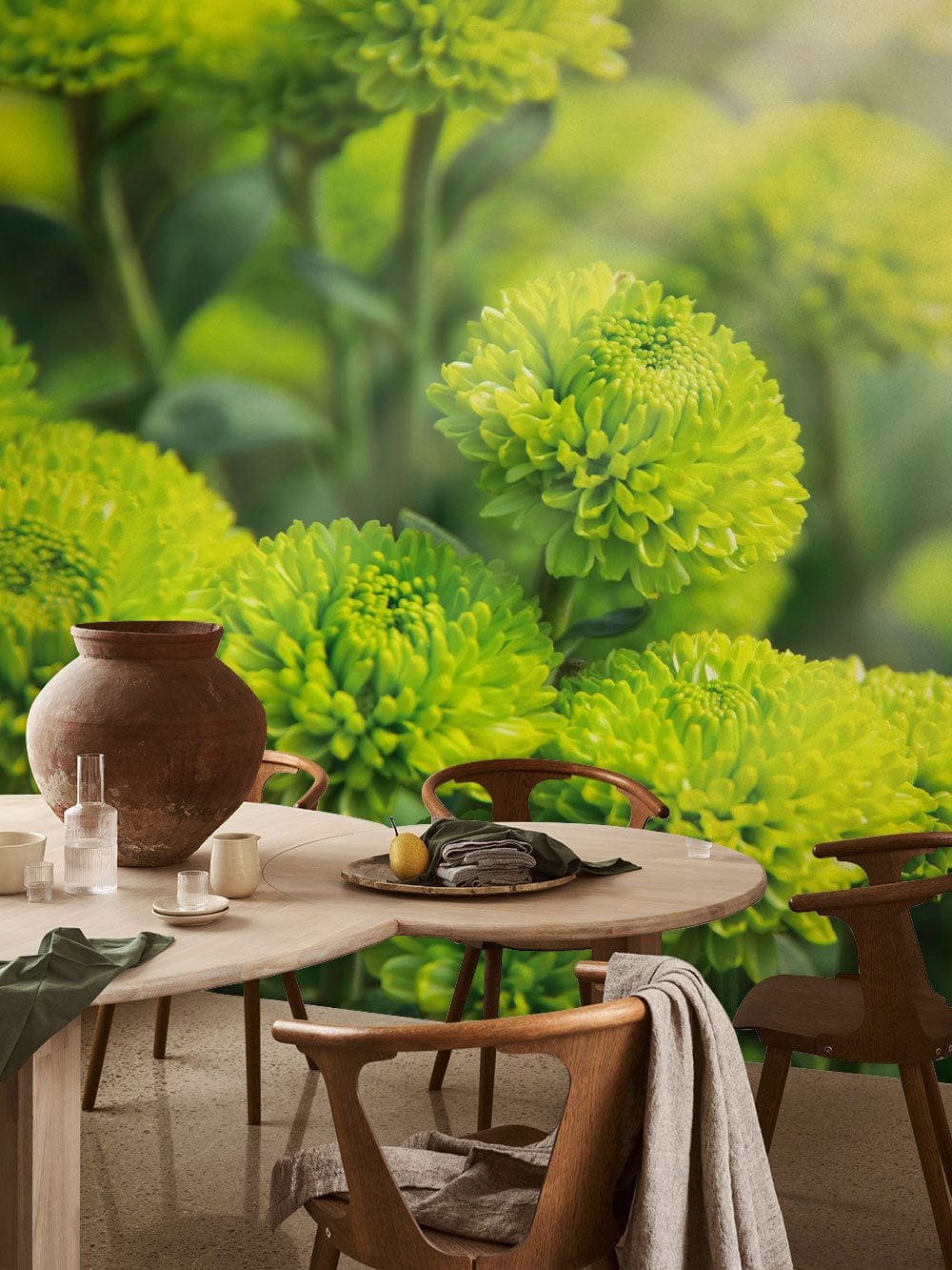 Vibrant Green Floral Botanical Mural Wallpaper for Modern Interiors with wooden dining chairs and table.