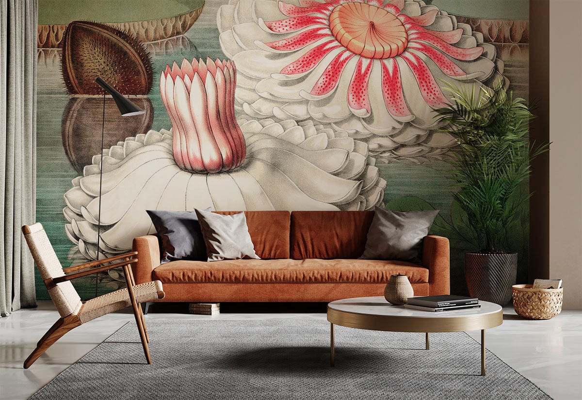 Victorian Water Lily Mural in soft pastels, featuring brown sofa, grey rug, modern lounge chair.