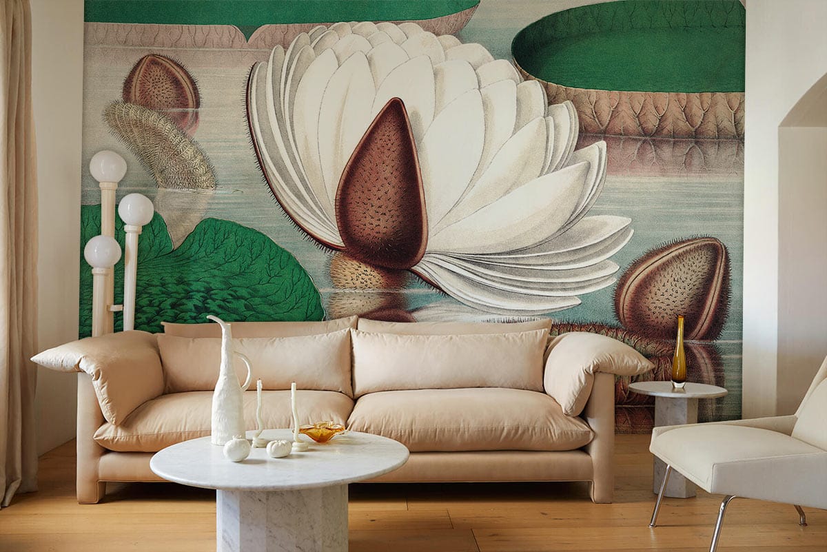 Vintage Botanical Pond Scene Wallpaper with Lotus, beige sofa, marble coffee table, wooden flooring.