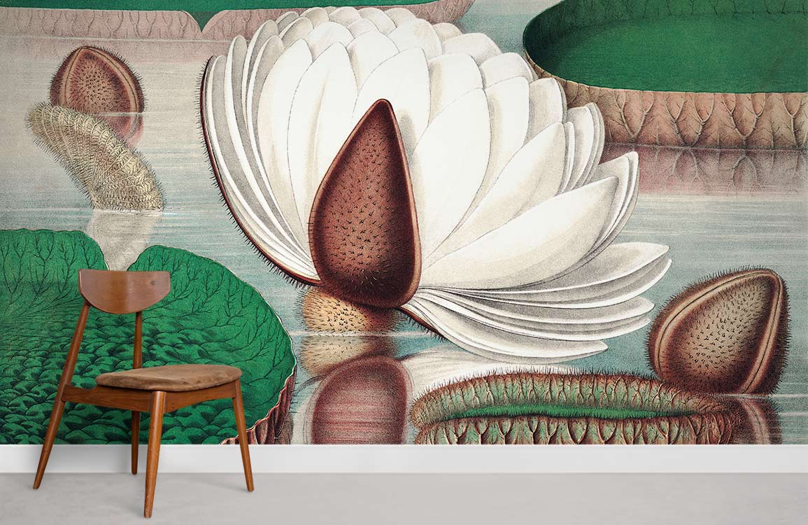 Vintage Botanical Pond Scene Wallpaper Mural with lotus design, wooden chair, neutral flooring in room.