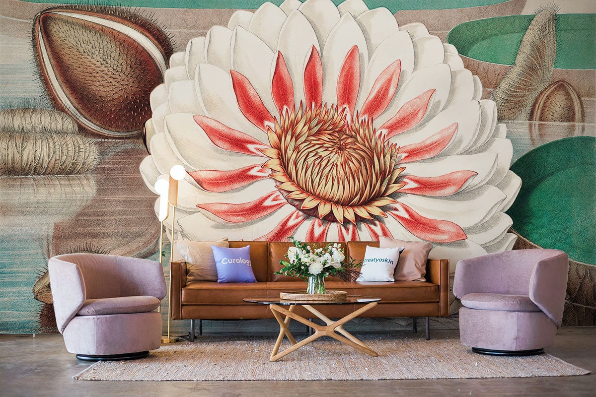 Tropical Water Lily Mural Wallpaper in vintage tones, featuring leather sofa, pastel armchairs, stylish rug.