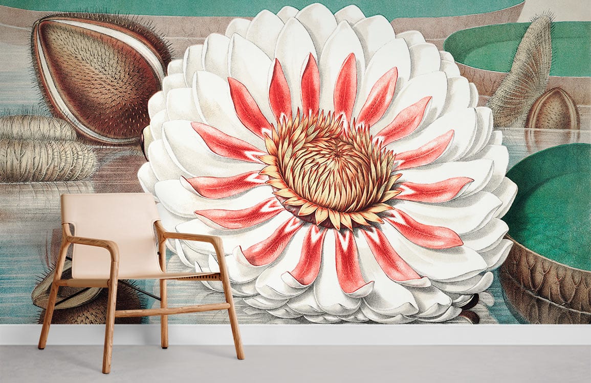 Tropical Water Lily mural wallpaper in vintage tones, wooden chair, grey flooring, decorative wall art.