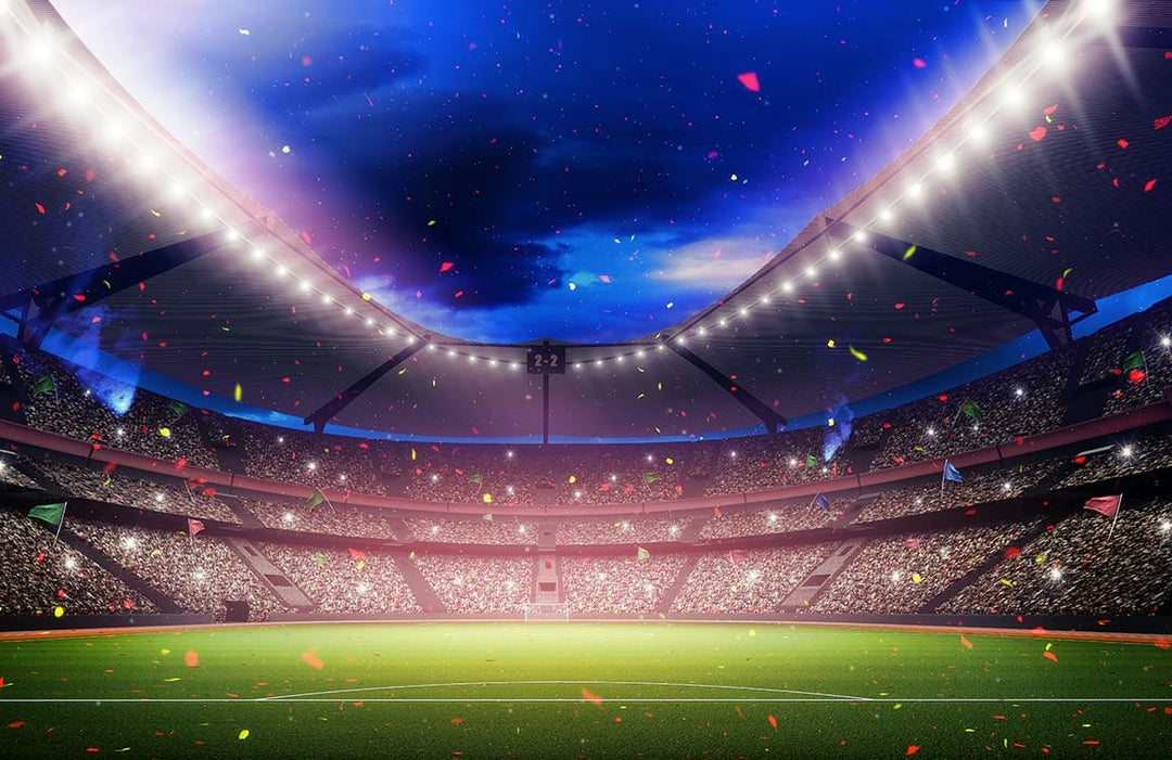 Illuminated Stadium Sports Mural Wallpaper with Vibrant Night Sky Theme