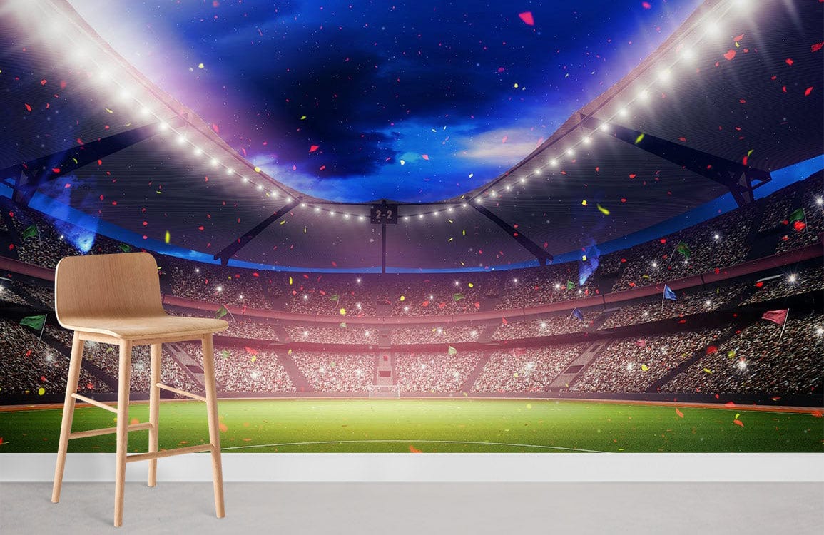 Illuminated stadium sports mural wallpaper, vibrant night sky, light wood chair, grey floor, modern decor.
