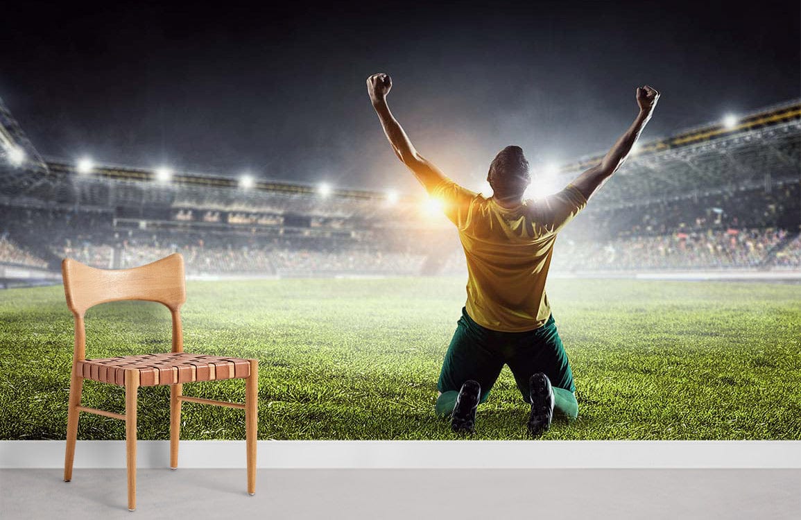 Triumphant football stadium mural wallpaper with wooden chair on light flooring, sports decor.