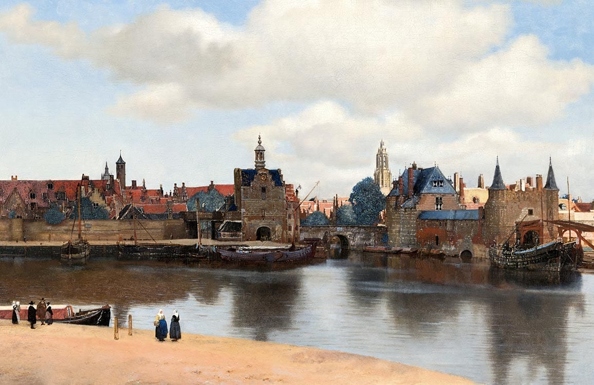 Charming Dutch Seaside Townscape Mural Wallpaper in Classic Pastel Tones