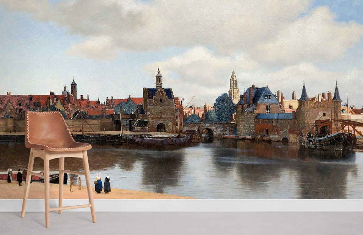 Charming Dutch Mural Wallpaper in Pastel Tones, brown chair, grey floor, wall art decor.
