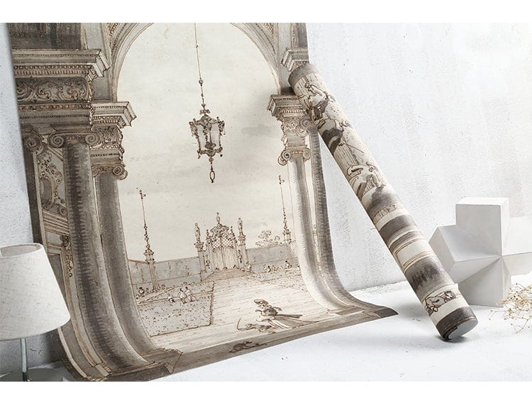 Vintage architectural sepia mural wallpaper displaying classical archway scene in a modern room setting.