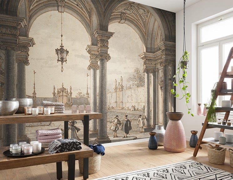 Sepia mural wallpaper depicting classical archway scene, rustic wooden furniture, natural light, modern decor.