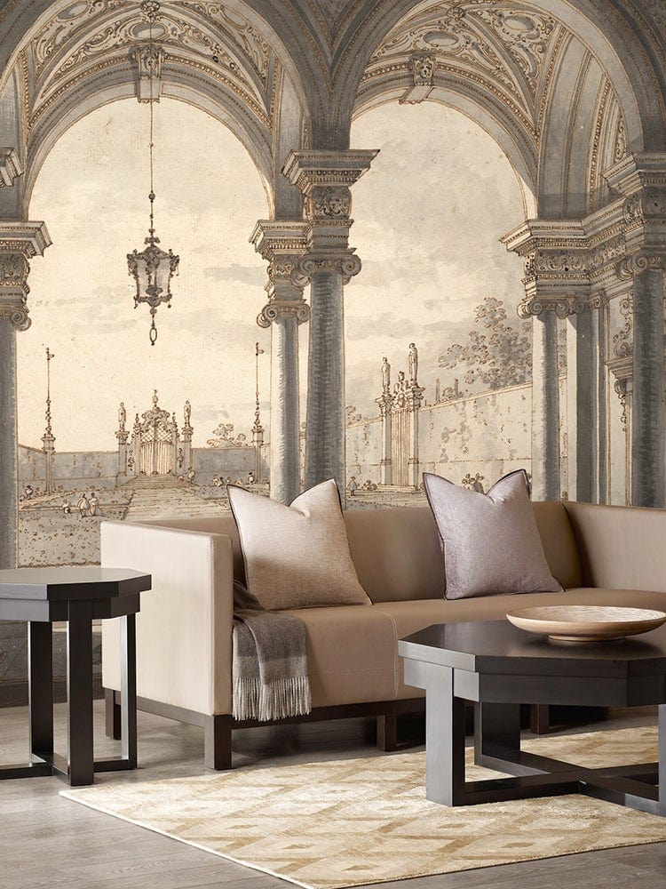 Vintage mural wallpaper with arches, neutral sofa, light rug, dark coffee tables, and classic Décor.