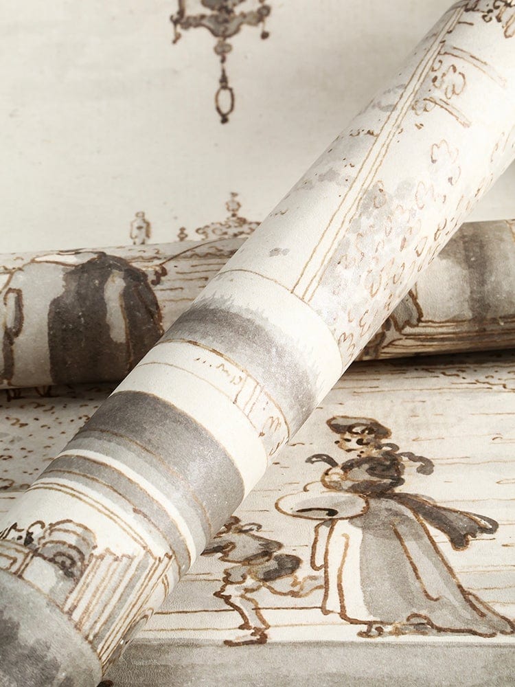 Vintage Architectural Heritage sepia mural wallpaper with classical archway scene, intricate artistic details.