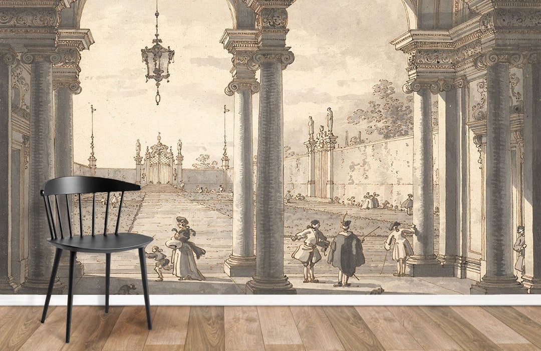 Vintage mural wallpaper with classical archway, sepia tones, black chair, wooden flooring, architectural scene.