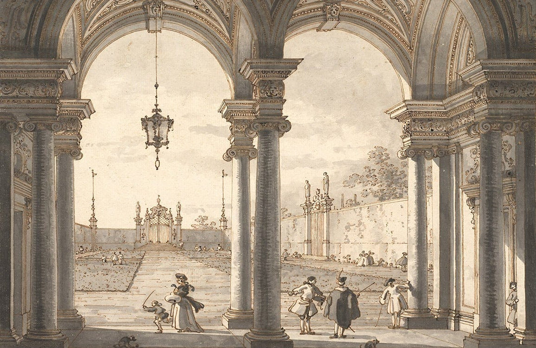 Vintage Architectural Heritage Sepia Mural Wallpaper with Classical Archway Scene