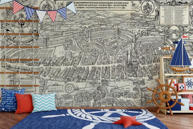 Vintage city map wallpaper mural in nautical-themed room with blue rug, wooden flooring, ship decor.