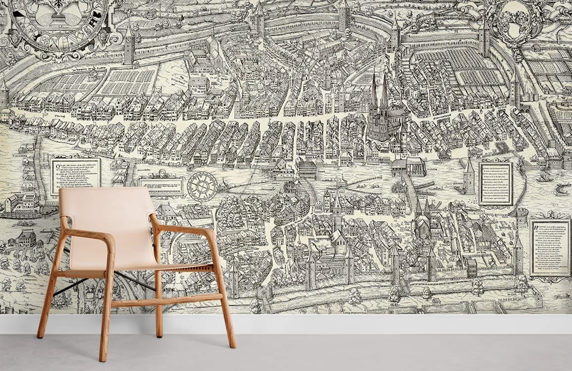 Vintage monochrome city map mural wallpaper with wooden accent chair, grey flooring in a living room.
