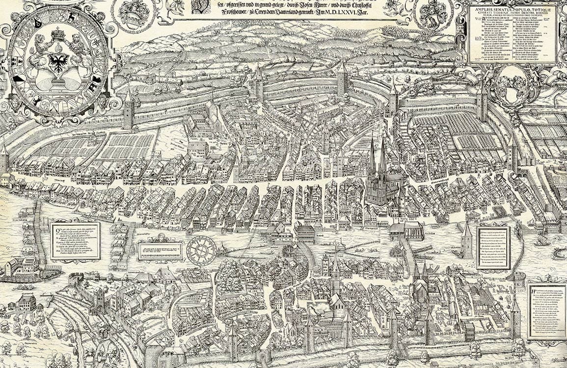 Vintage Monochrome Historic City Map Mural Wallpaper in Classic Architectural Style