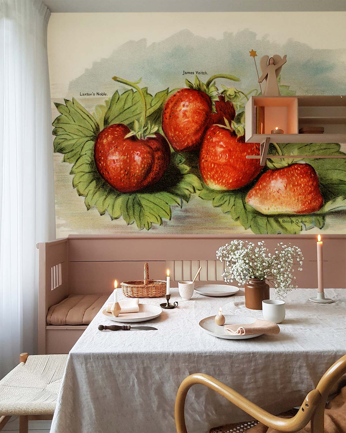 Vintage Strawberry Botanical Mural Wallpaper in dining area with neutral Décor and wooden furniture.