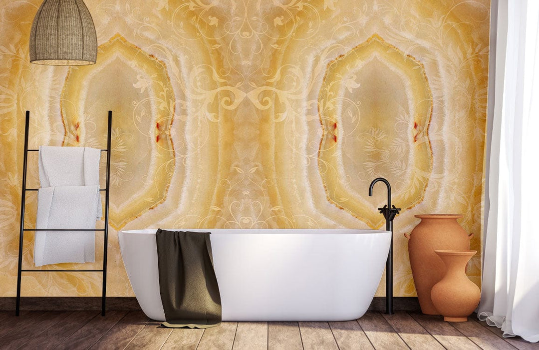 Elegant Cream Marble Wallpaper in Pastel, freestanding bathtub, wooden flooring, bathroom setting, natural decor.