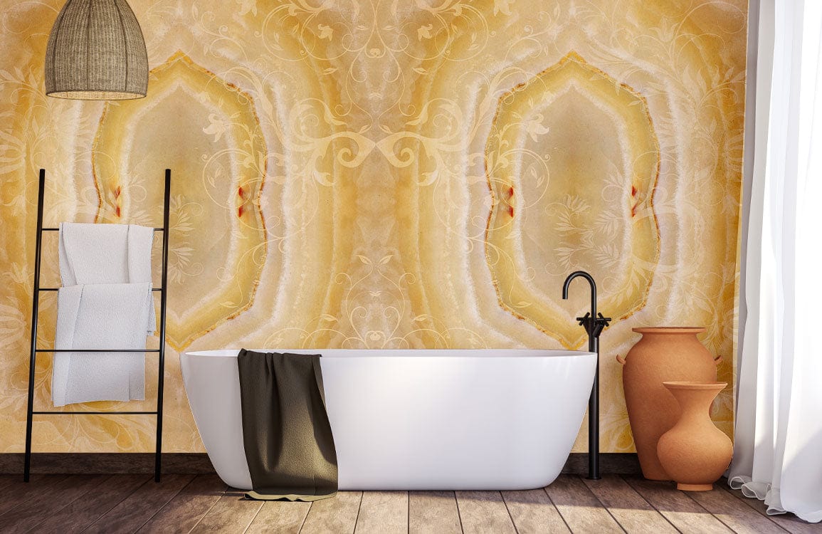 Elegant Cream Marble Wallpaper in Pastel, freestanding bathtub, wooden flooring, bathroom setting, natural decor.