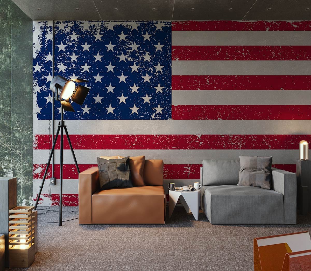 Vintage American Flag Mural Wallpaper with Distressed Design, leather sofa, fabric sofa, modern decor.