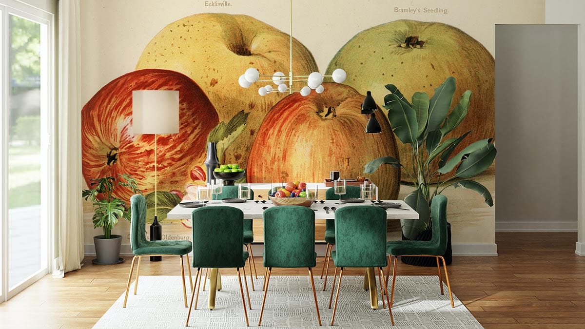 Vintage Apple Orchard Mural Wallpaper, green chairs, wooden flooring, dining room; classic botanical decor.