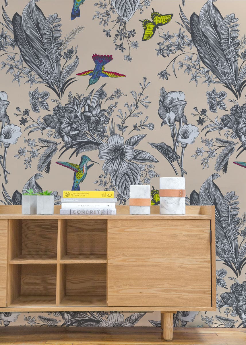 Vintage floral wallpaper with tropical hummingbird design, wooden sideboard, pastel hues, modern room decor.
