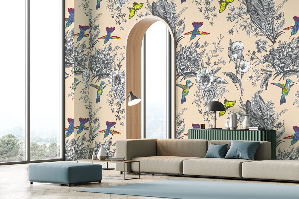 Pastel floral wallpaper, tropical hummingbirds, modern living room, neutral sofa, minimalist decor, large window.